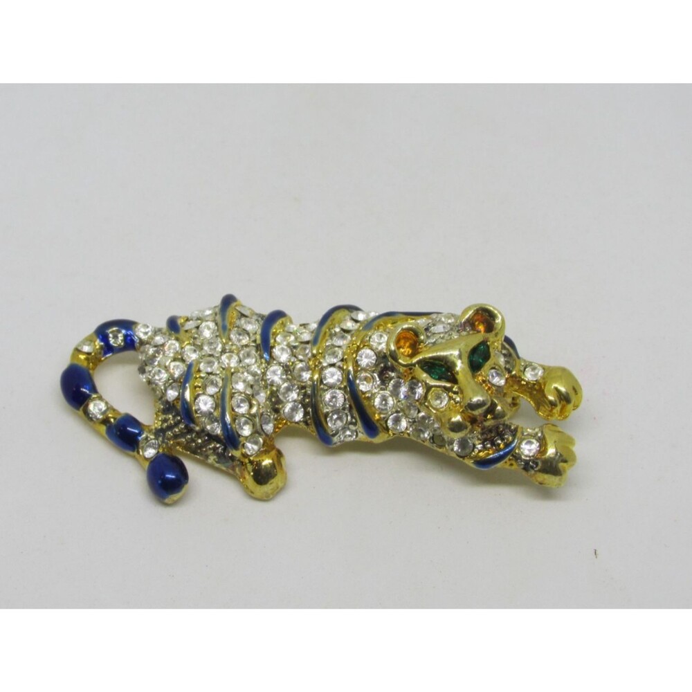 VTG Crouching Tiger Brooch Pin Gold Tone Pave Rhinestone Blue Enamel Green Eyes